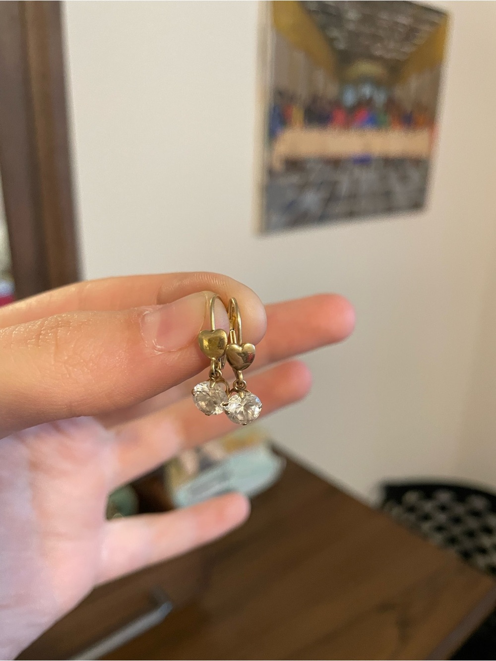 14k gold stamped Heart dangle Earrings with white crystal drop